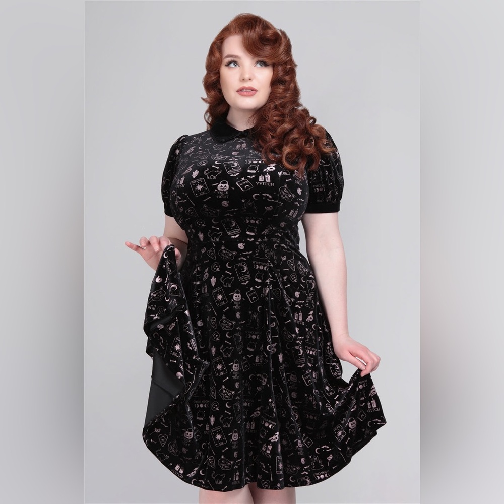 Collectif Black Velvet Swing Dress with gold Halloween Prints (Fast Shipper)